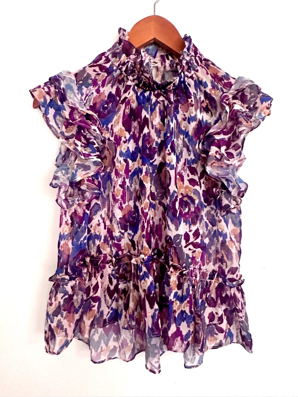 Meet Me in Santorini Ruffled High-Neck Floral Blouse Purple Mix Top Size Small - Picture 8 of 8